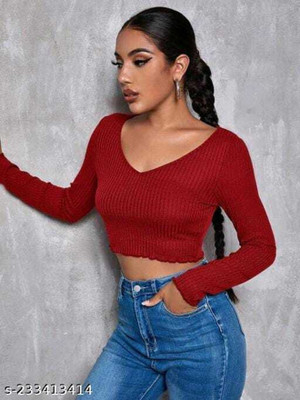 Giltsy Casual Self Design Women Maroon Top