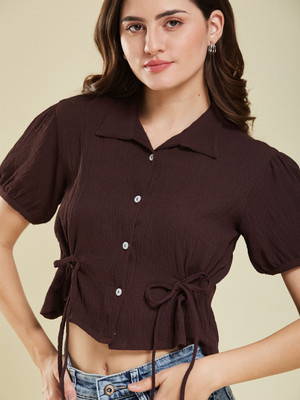 J TURRITOPSIS Casual Solid Women Brown Top