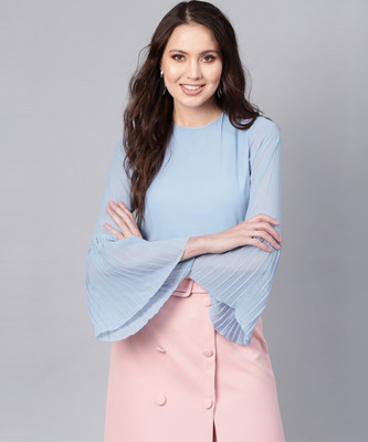 SASSAFRAS Casual Bell Sleeve Solid Women Blue Top