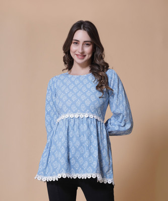 God Bless Casual Printed Women Blue Top