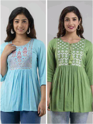 ASHISH PRINT Casual Embroidered Women Green Top