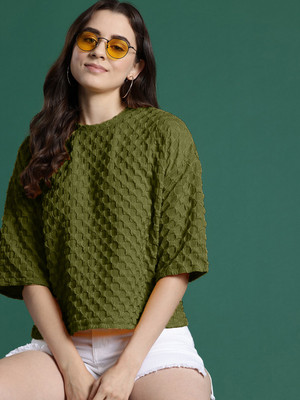 Rahi Trendz Self Design Women Round Neck Green T-Shirt
