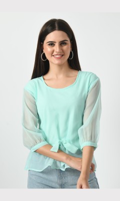 YAATEE FASHION Casual Solid Women Light Blue Top