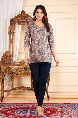 Kirnya Women Printed A-line Kurta(Grey)