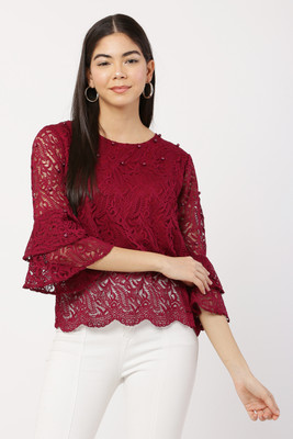 MUMRAA Casual 3/4 Sleeve Self Design Women Maroon Top