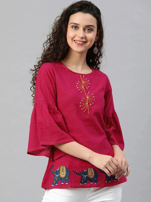 AKIKO Casual Bell Sleeve Embroidered Women Pink Top