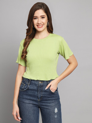 FUNDAY FASHION Casual Solid Women Light Green Top