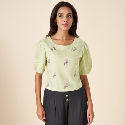 Akkriti by Pantaloons Casual Embroidered Women Light Green Top