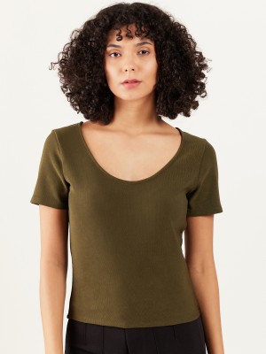 ATHENA Casual Solid Women Dark Green Top