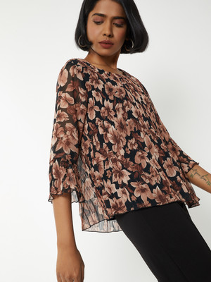 MAX Casual Floral Print Women Black Top