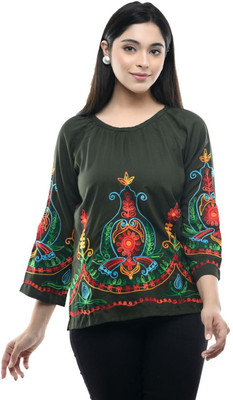 Maahi Casual 3/4 Sleeve Embroidered Women Green Top