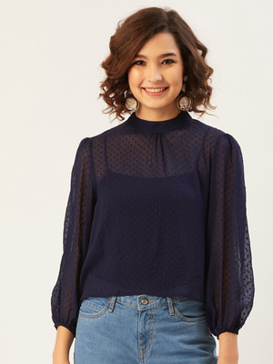 ANVI Be Yourself Casual 3/4 Sleeve Solid Women Blue Top