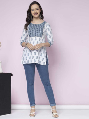 Krishna Creation collation Casual Printed Women White Top