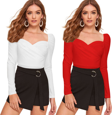 Maheshvi Casual Solid Women Red, White Top