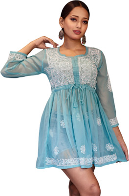 myplusfashion Casual Embroidered Women Blue Top