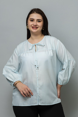 PURYS Casual Solid Women Blue Top