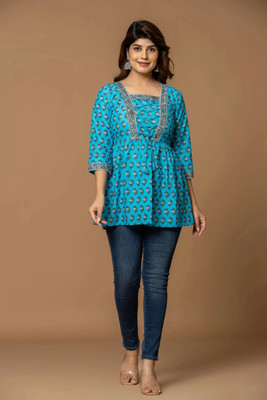 KS Collections Casual Floral Print Women Blue Top