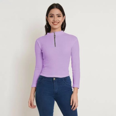 FamBee Casual Solid Women Purple Top