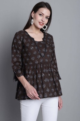 VihaanExim Party Printed Women Brown, White, Black Top