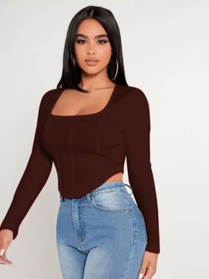 OWN FASHION CLASSIC Casual Solid Women Brown Top