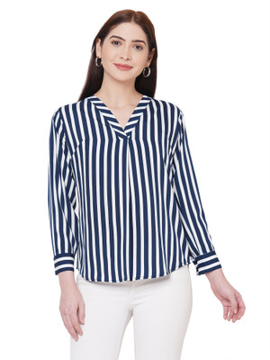 GO.4.IT Casual 3/4 Sleeve Striped Women Dark Blue Top