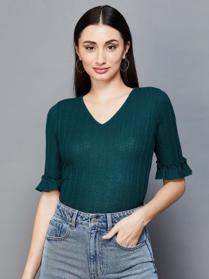 Fame Forever by Lifestyle Casual Solid Women Dark Green Top
