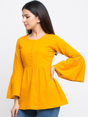 AKIKO Casual Bell Sleeve Solid Women Yellow Top