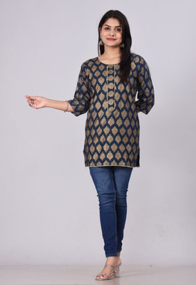 KHUNTETA'S Casual Printed Women Dark Blue, Beige Top