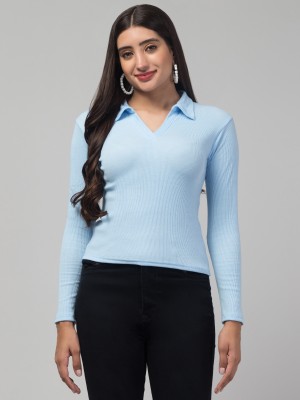 STYLE PREZONE Casual Solid Women Light Blue Top