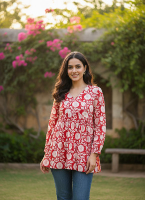 Desi Beats Casual Floral Print Women Red Top