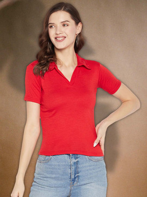 Moda Rapido Casual Solid Women Red Top