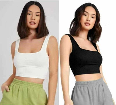 TUSIFASHION Casual Solid Women Black, White Top