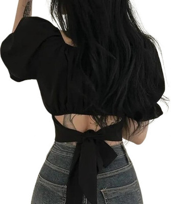 BAJARHUB Party Solid Women Black Top