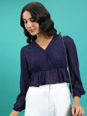 Tokyo Talkies Casual Solid Women Dark Blue Top