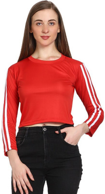 GENEALO Casual 3/4 Sleeve Self Design Women Red Top