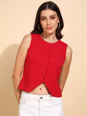 Dressberry Formal 3/4 Sleeve Solid Women Red Top