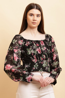 vashist Casual Floral Print Women Black Top