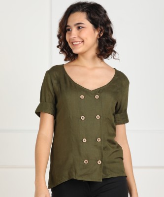 eyka Casual Short Sleeve Solid Women Green Top
