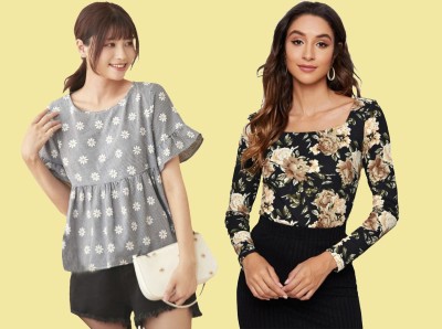 Dream Beauty Fashion Casual Printed Women Grey, Black Top