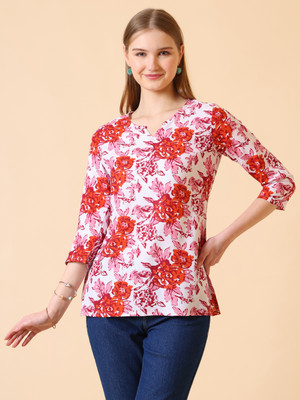 MABRI Formal Floral Print Women Red Top
