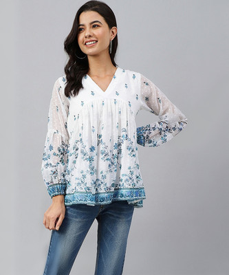 Janasya Casual Printed Women White Top