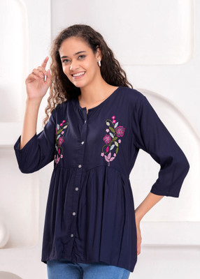 Highlight fashion export Casual Embroidered Women Dark Blue Top