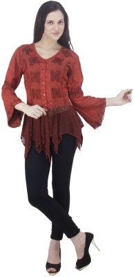 auglle Casual Embroidered Women Red Top