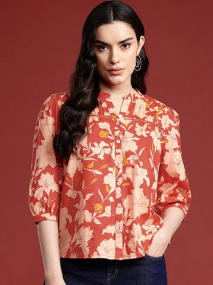 Siomtra Casual Floral Print Women Orange Top