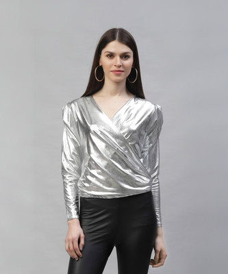 ATHENA Casual Full Sleeve Solid Women Silver Top