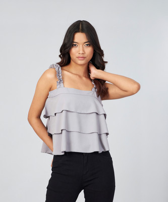 Chimpaaanzee Casual Solid Women Grey Top