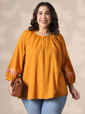 Globus Casual Embroidered Women Yellow Top