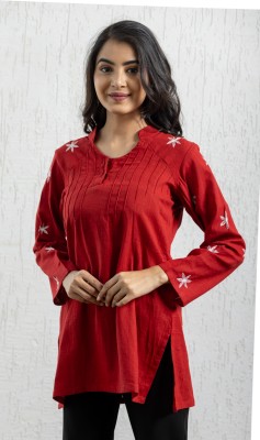 Hunar Casual Embroidered Women Red Top