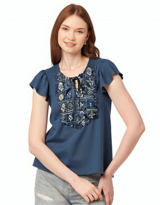 PP PRODUCTIONS Casual Embroidered Women Blue Top