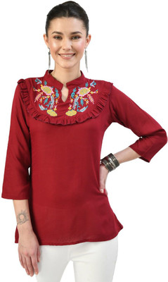 AGARU Casual Embroidered Women Red Top